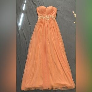 Strapless Blush Evening Gown with Lace Waist